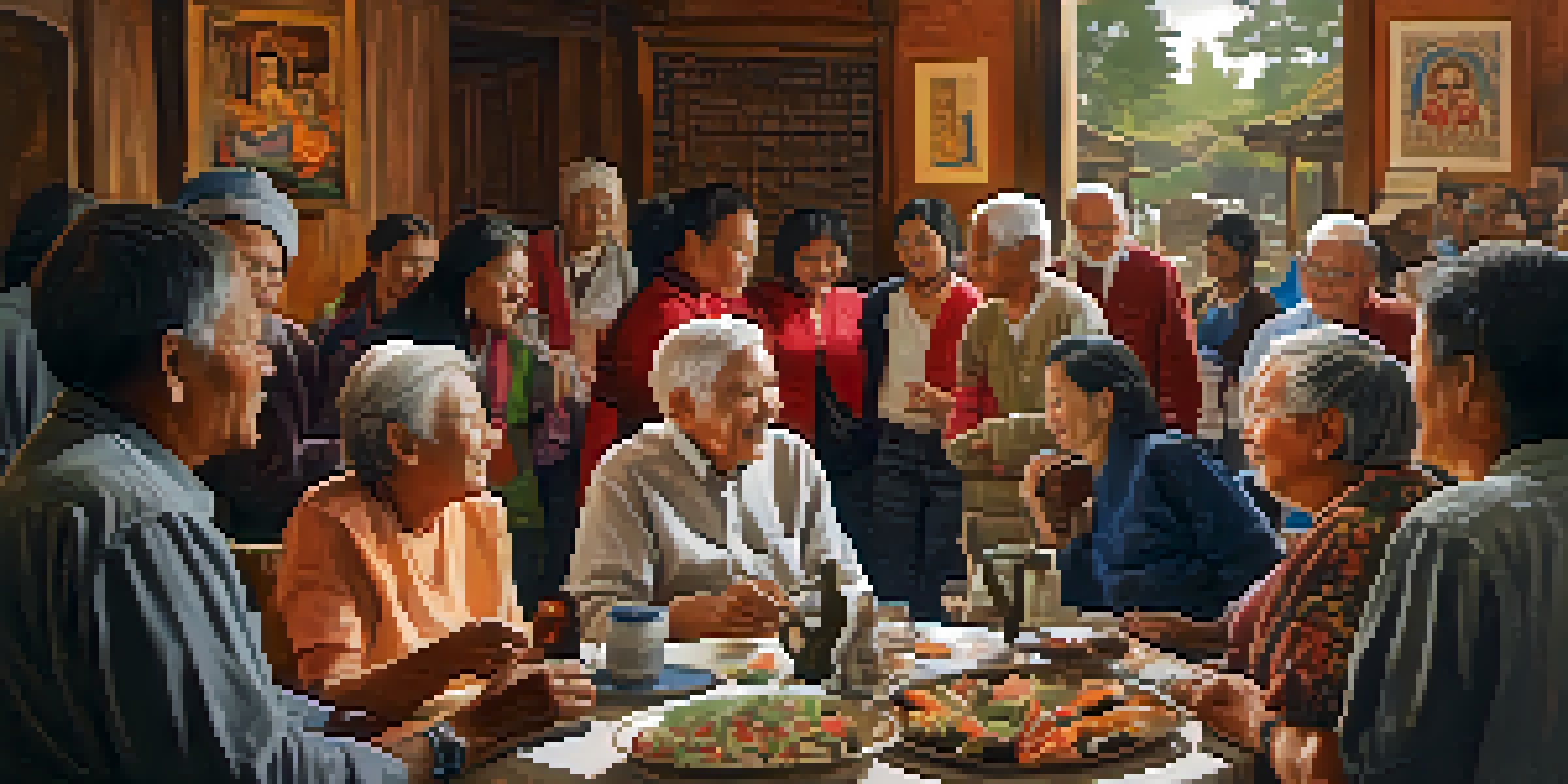 An older person sharing stories with younger individuals in a warm setting, surrounded by traditional crafts and artworks that represent different cultures.