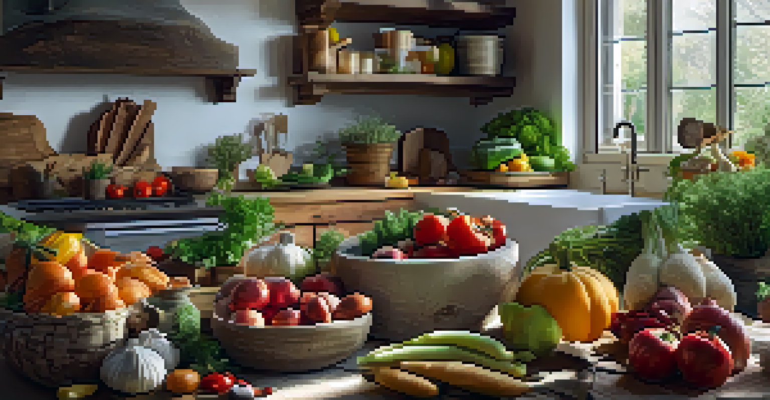 A modern kitchen featuring a wooden table filled with organic vegetables, fruits, and an open recipe book.