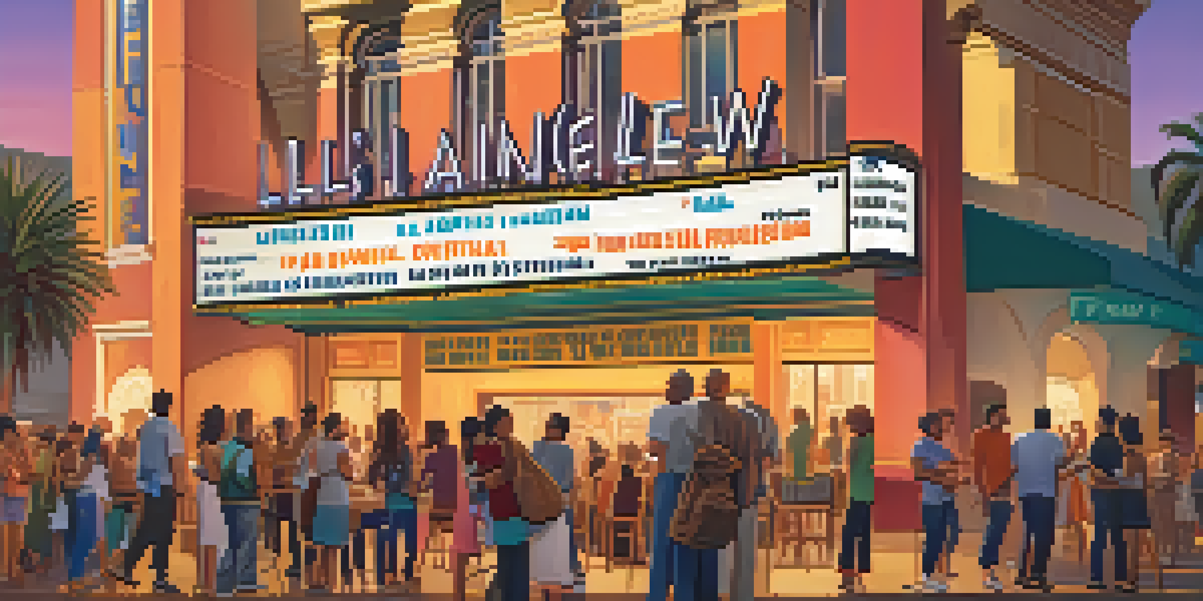 A lively film festival in Los Angeles with a diverse crowd outside a historic theater, colorful banners, and warm sunset lighting.