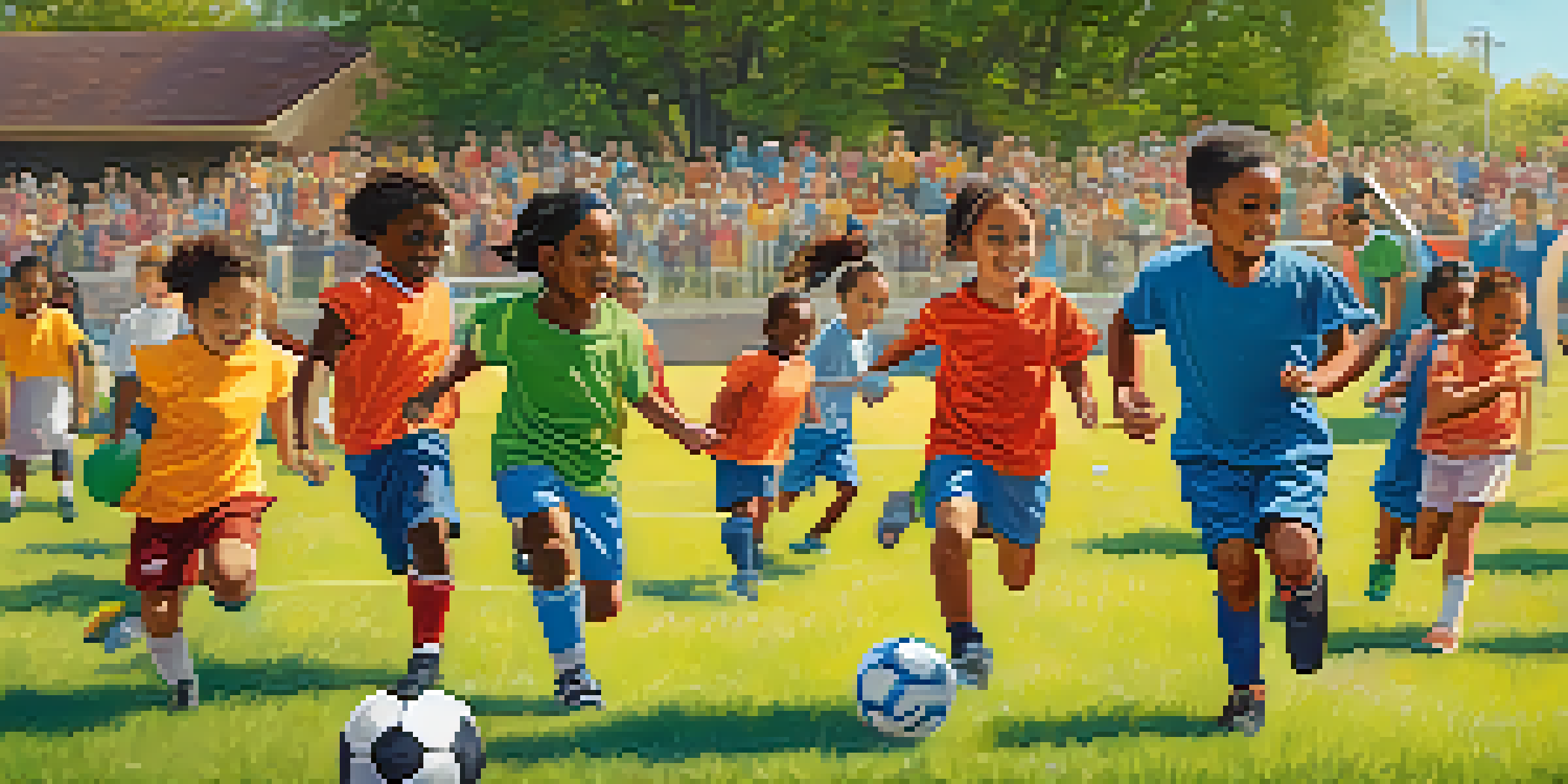 A lively soccer match in Los Angeles featuring children from various backgrounds, with parents cheering in the background on a sunny day.