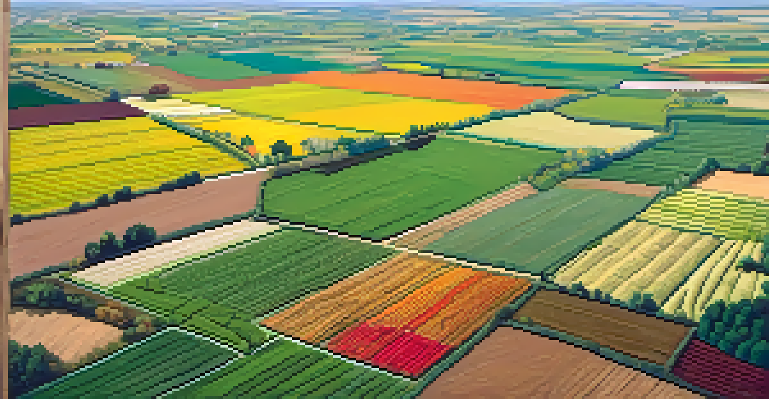 An aerial view of colorful agricultural fields with various crops and natural vegetation, showcasing farmers working in the landscape.