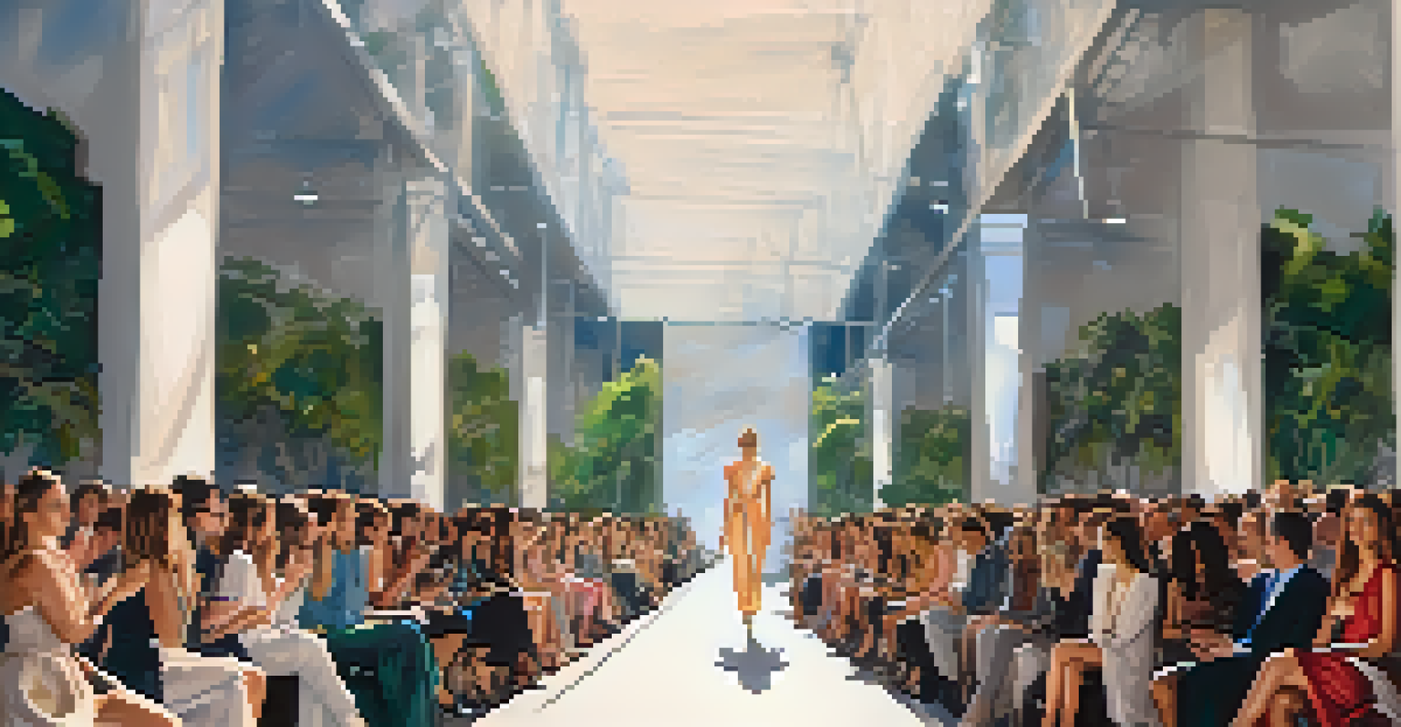 A fashion show in Los Angeles featuring models wearing stylish sustainable outfits, with a diverse audience and dramatic lighting on the runway.