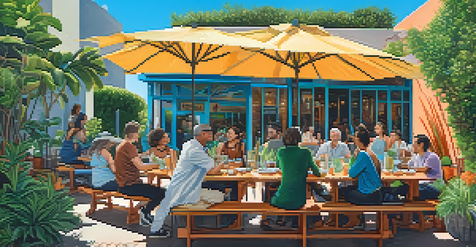 A vibrant outdoor dining scene with a diverse group of people enjoying plant-based meals at a restaurant in Los Angeles.