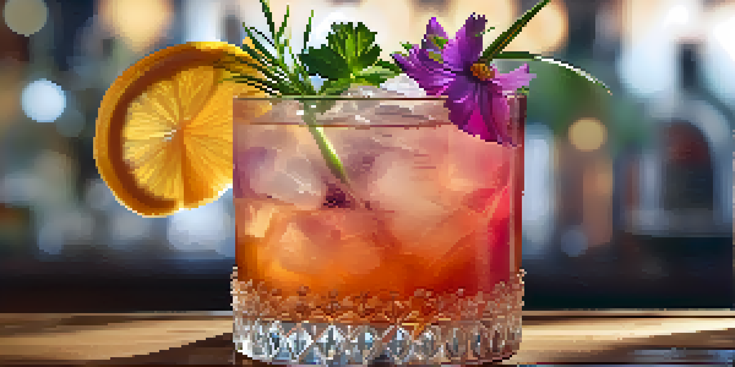 A vibrant craft cocktail with fresh herbs and an edible flower, displayed on a wooden bar counter with soft lighting.