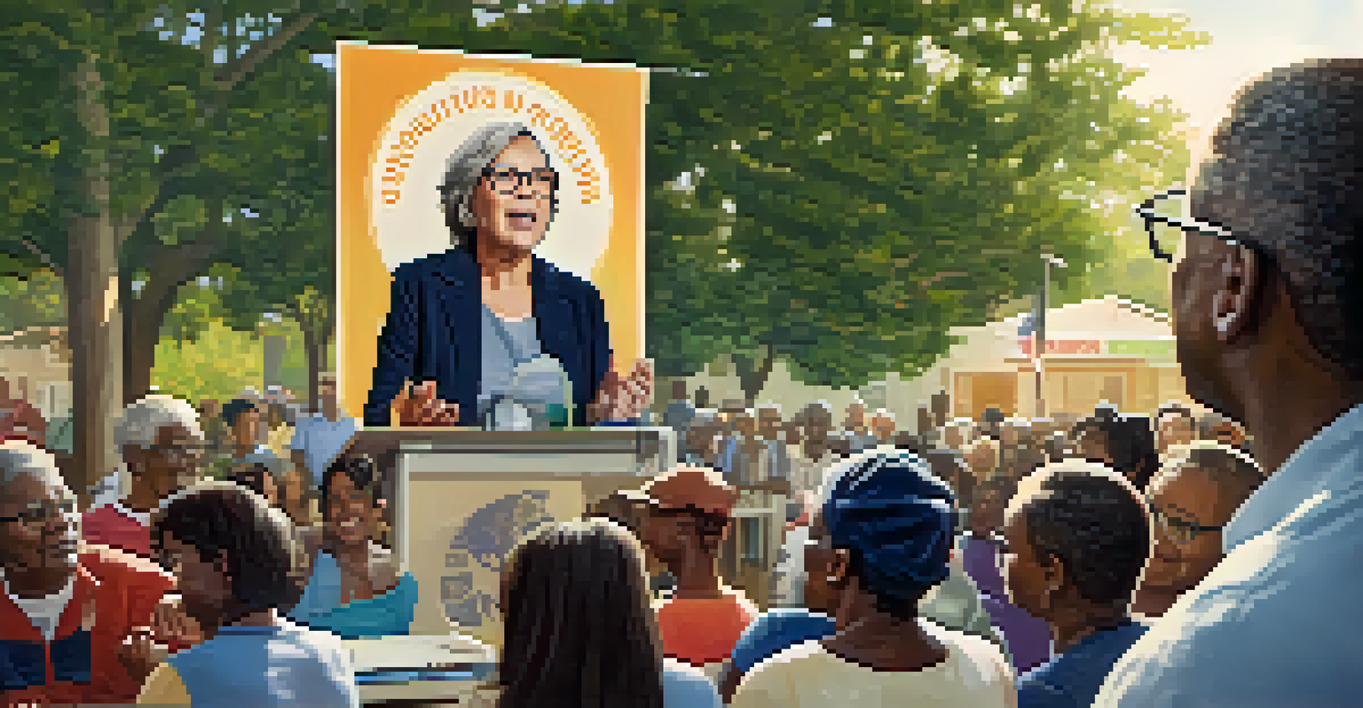 A local leader speaking at a coalition event, surrounded by engaged residents, with community posters in the background.