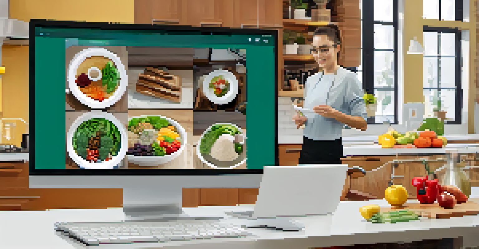 A computer screen displaying a nutrition workshop with a nutritionist and engaged participants in a home kitchen setting.