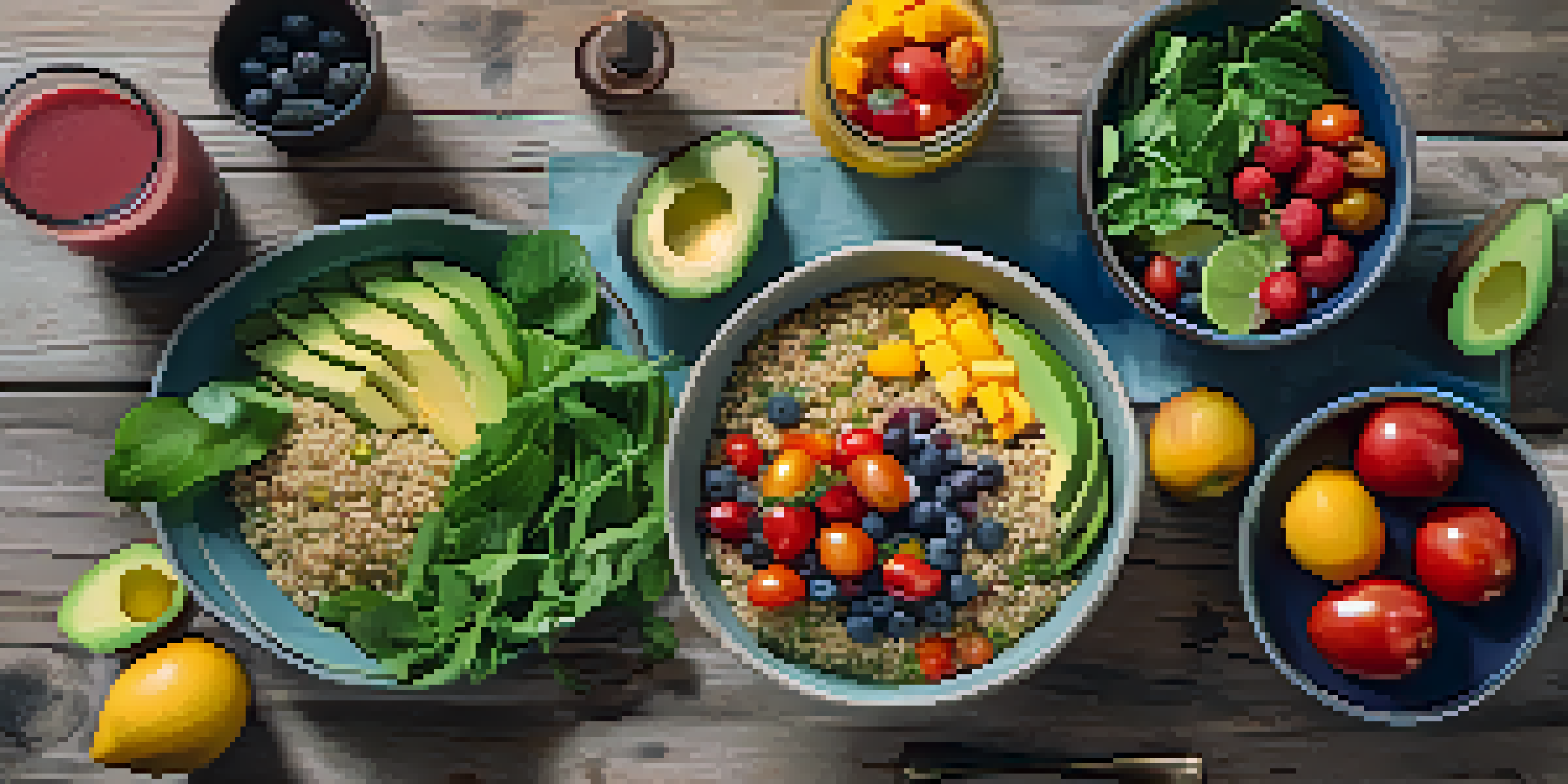 A colorful arrangement of plant-based meals including a salad and fresh fruits on a wooden table.