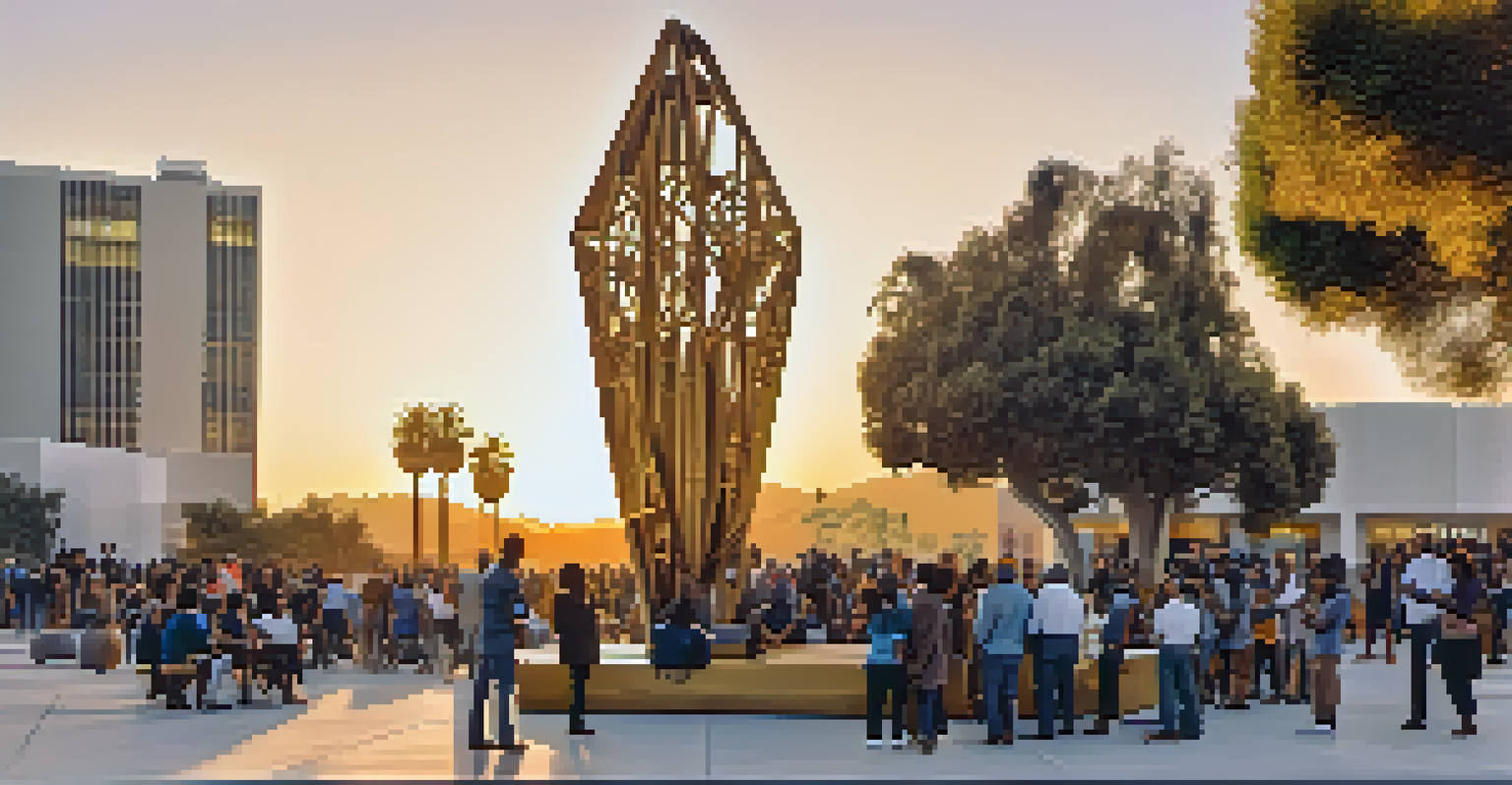 A mixed-material sculpture representing social justice themes in a plaza with people gathered around during sunset.