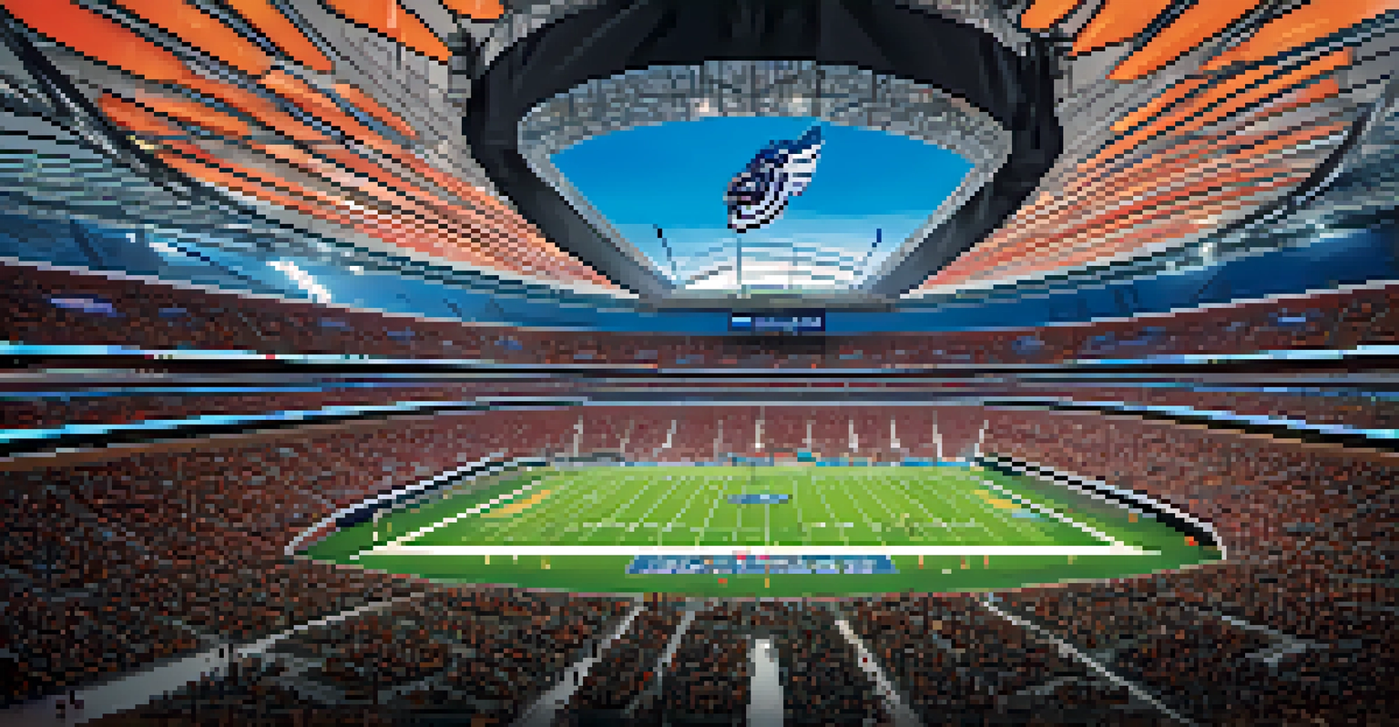 Interior view of SoFi Stadium filled with fans and featuring a large video board.