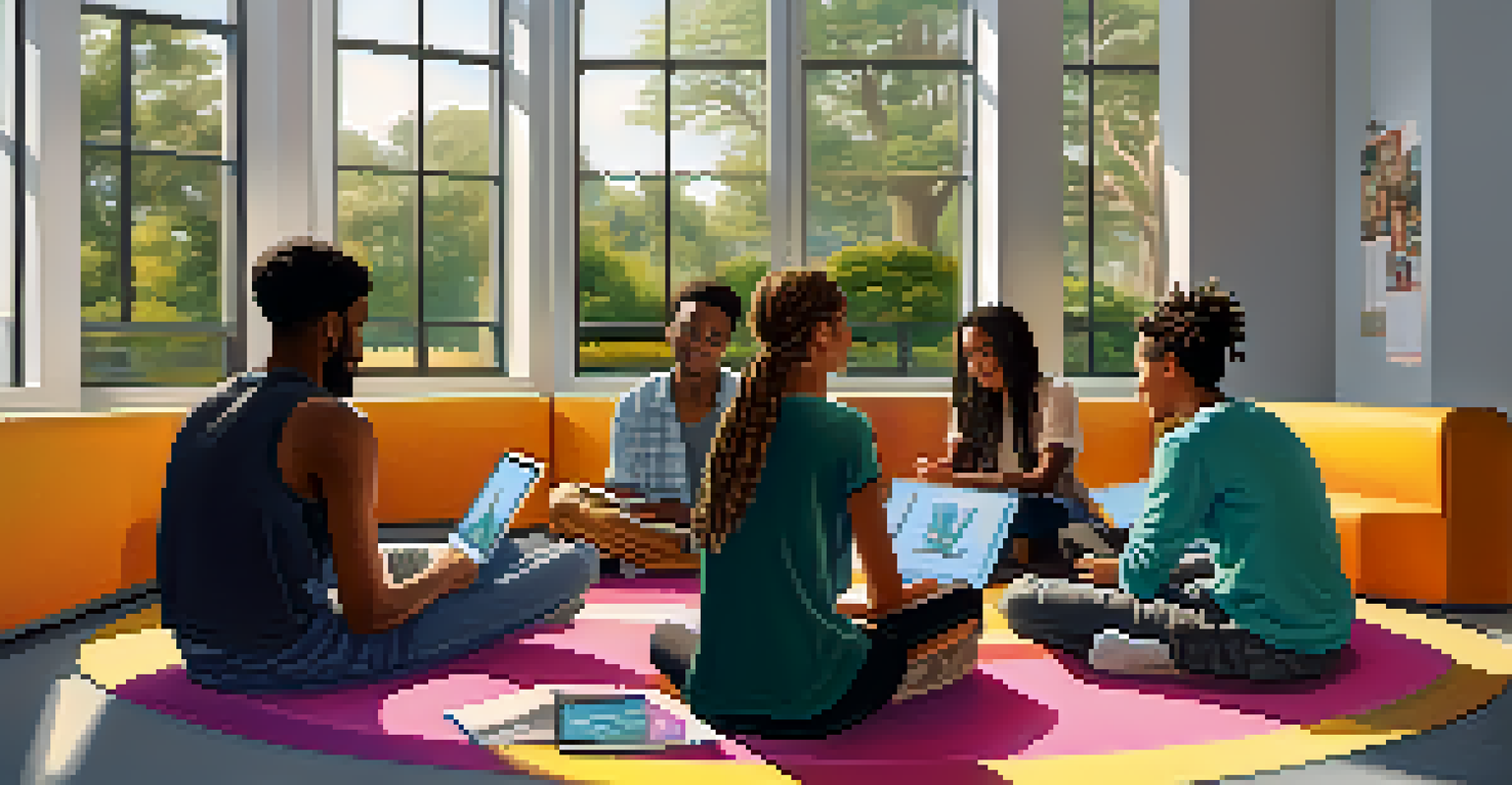 A diverse group of young individuals engaged in a discussion at a community center, surrounded by inspiring artwork and natural light.