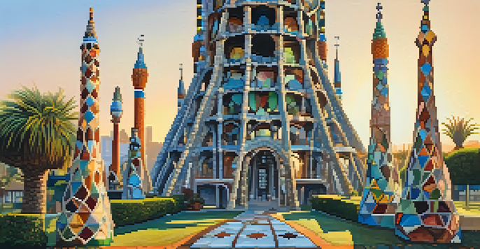 A view of the Watts Towers, with colorful mosaics reflecting sunlight, surrounded by greenery.