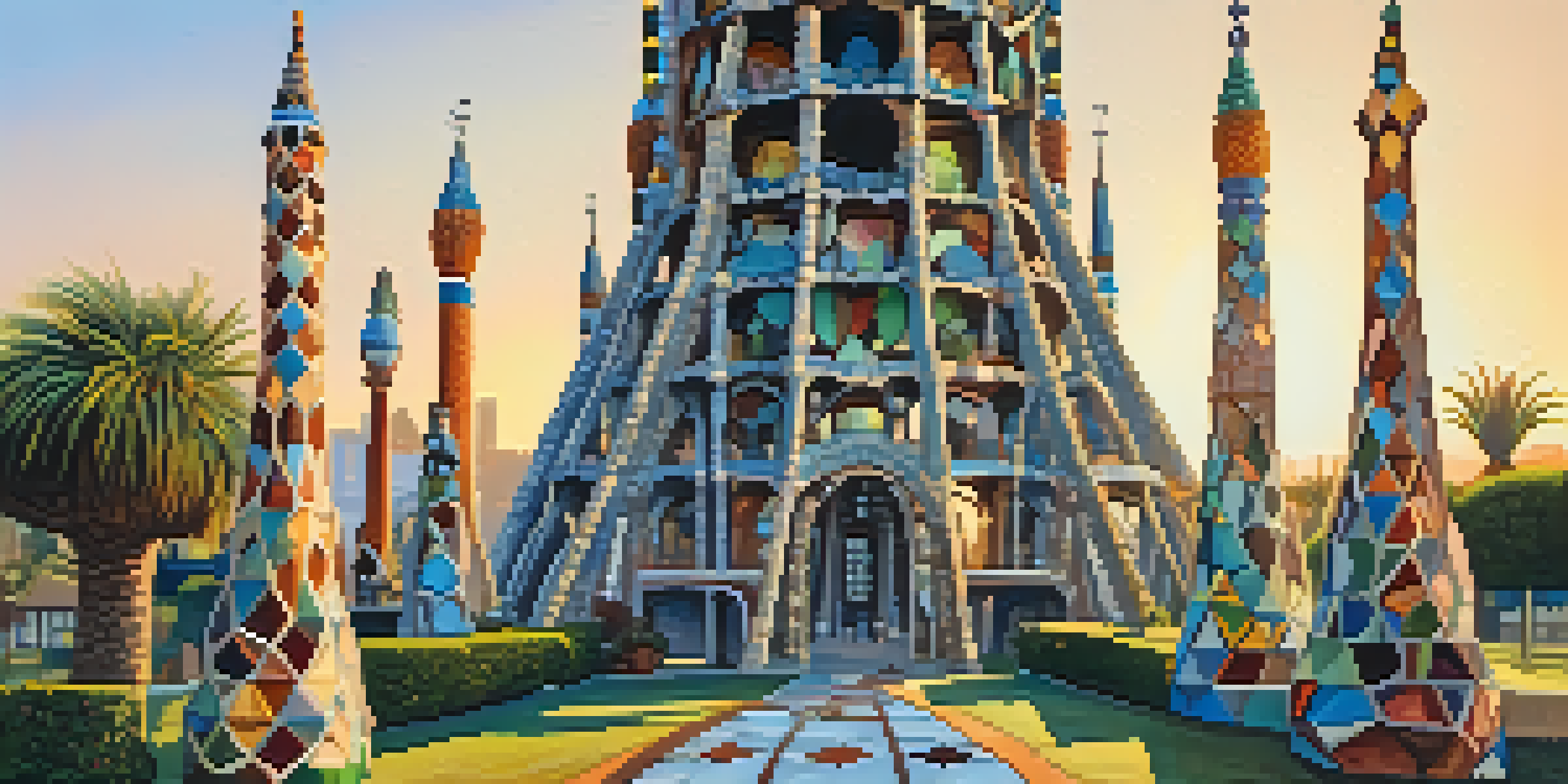 A view of the Watts Towers, with colorful mosaics reflecting sunlight, surrounded by greenery.