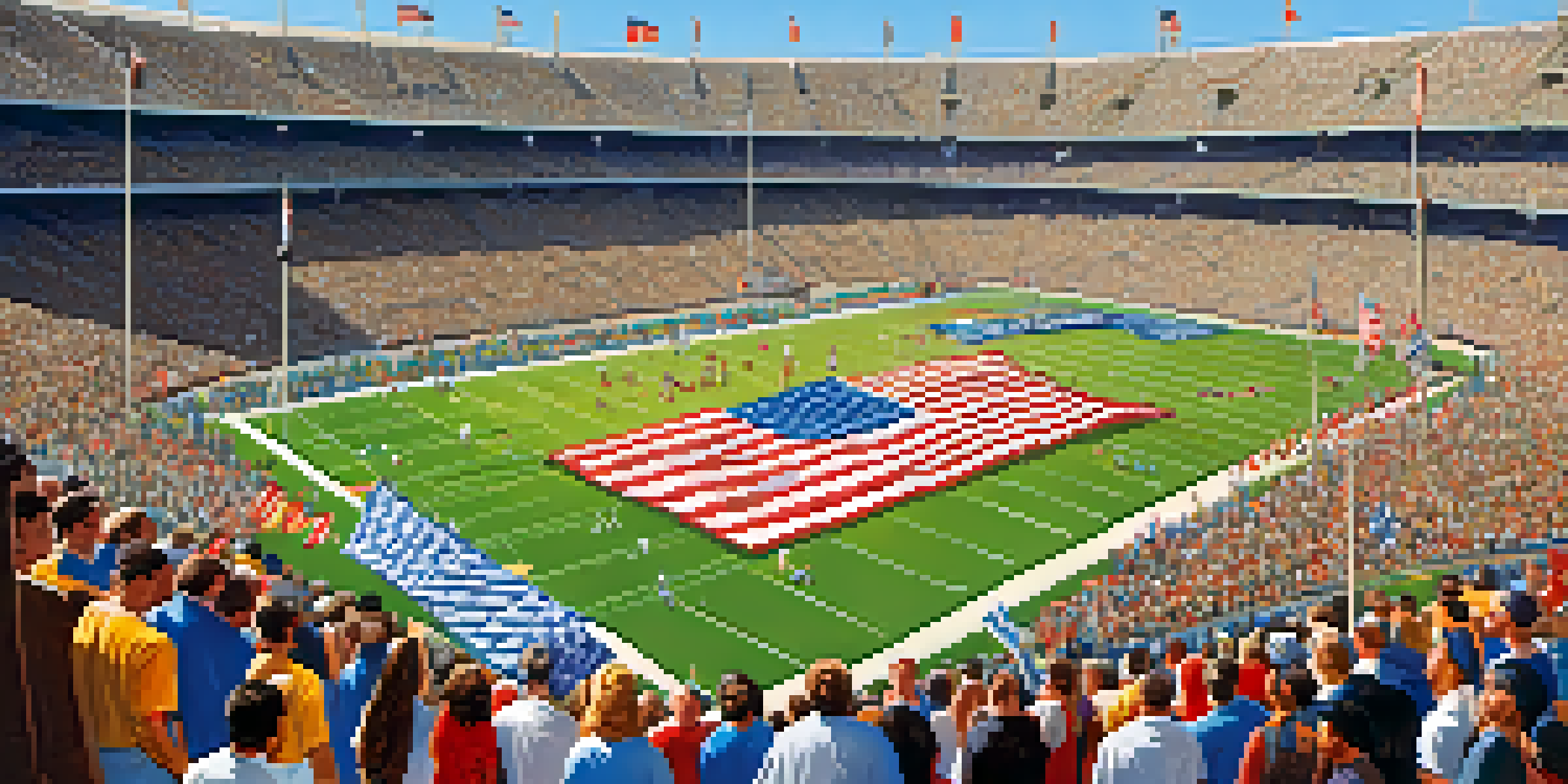 A vibrant crowd of sports fans at the Los Angeles Memorial Coliseum, cheering with flags, illuminated by stadium lights.