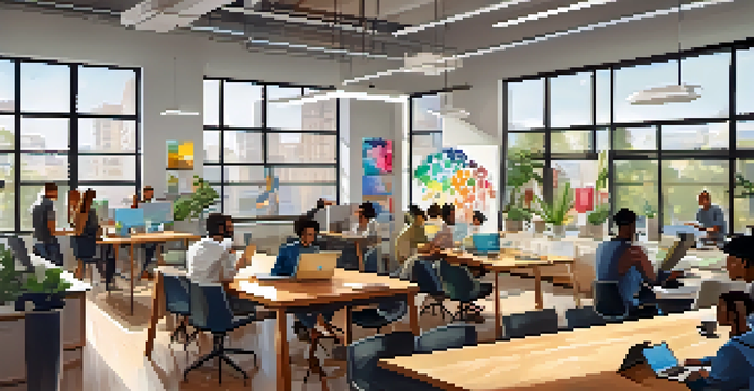 A bright and modern workspace in a tech incubator where diverse entrepreneurs are collaborating on projects at large tables, surrounded by colorful artwork and a whiteboard with ideas.