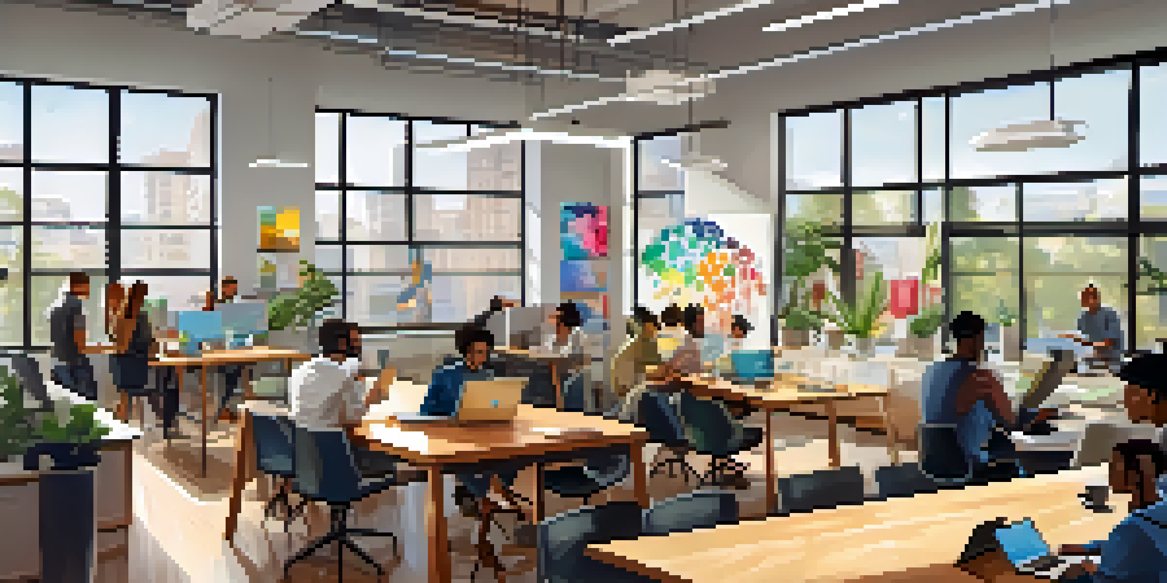 A bright and modern workspace in a tech incubator where diverse entrepreneurs are collaborating on projects at large tables, surrounded by colorful artwork and a whiteboard with ideas.