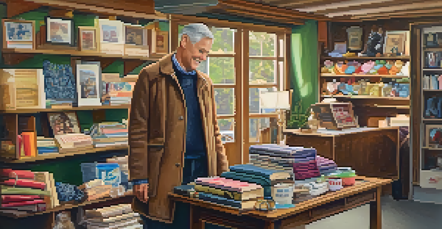 Inside a thrift store filled with colorful donated items, a volunteer arranging goods, and a sign about supporting local charities.