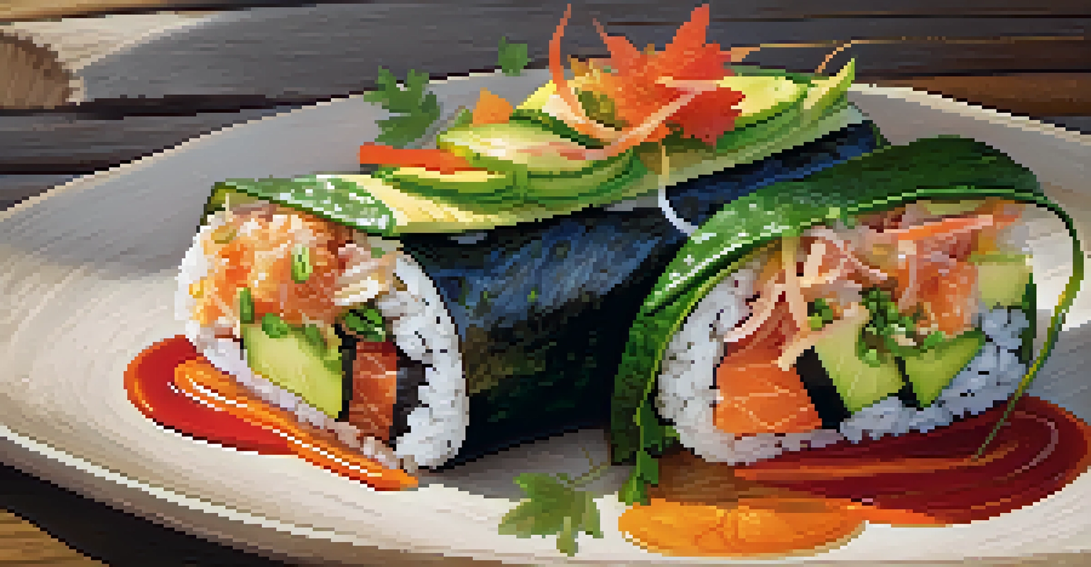 A sushi burrito displayed on a rustic wooden table, showcasing fresh ingredients.