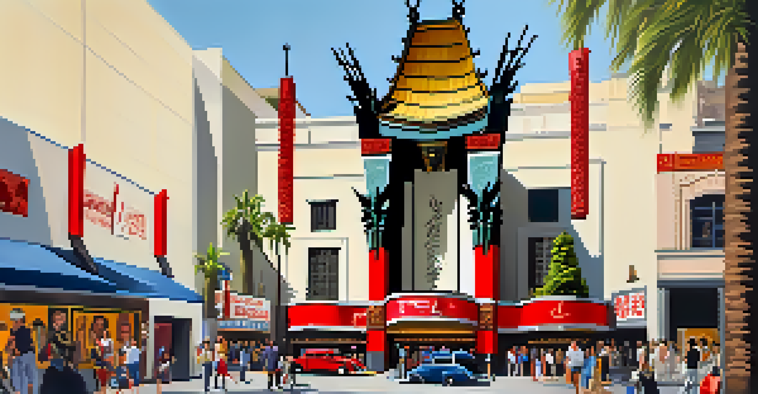 The TCL Chinese Theatre with handprints of stars and tourists in front.
