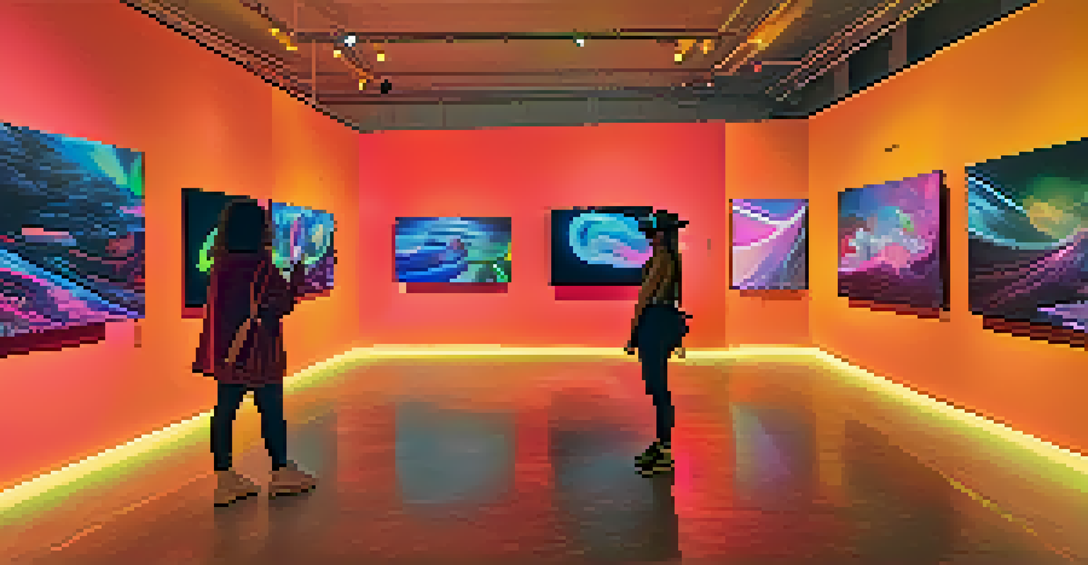 Visitors in a futuristic art exhibition using virtual reality headsets, surrounded by colorful digital installations.