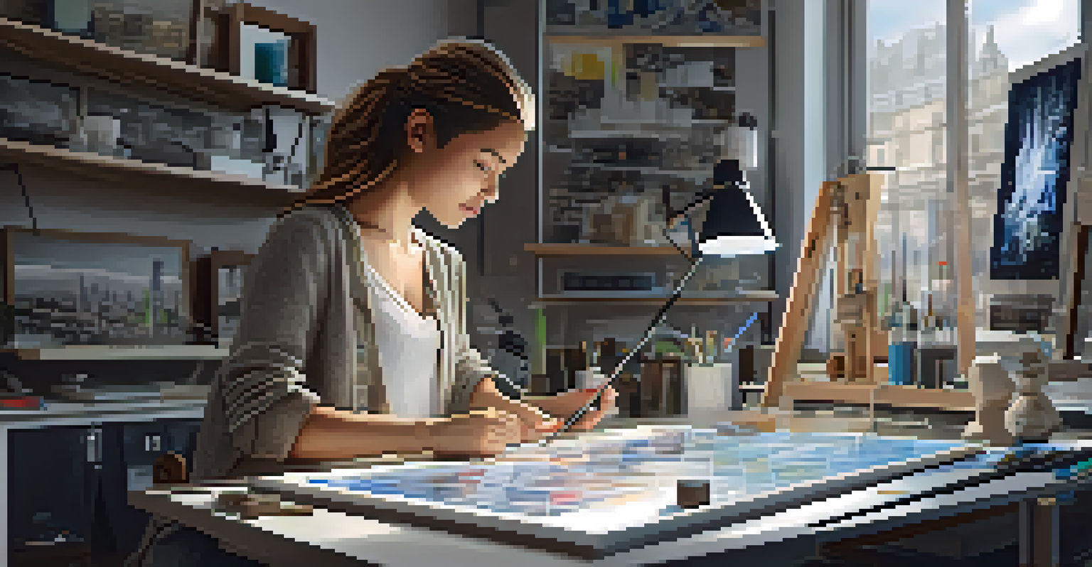 An artist in a modern studio using a 3D printer and digital screens, creating a digital sculpture.