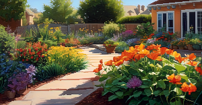 A colorful urban garden with native plants and flowers, featuring a drip irrigation system, illuminated by warm sunlight.
