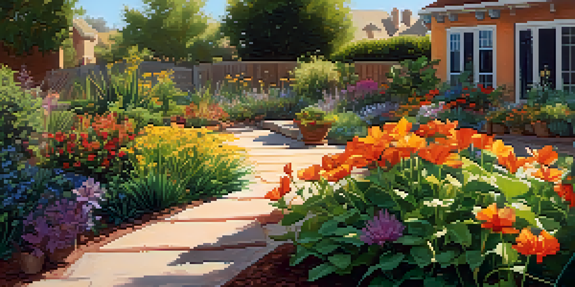 A colorful urban garden with native plants and flowers, featuring a drip irrigation system, illuminated by warm sunlight.