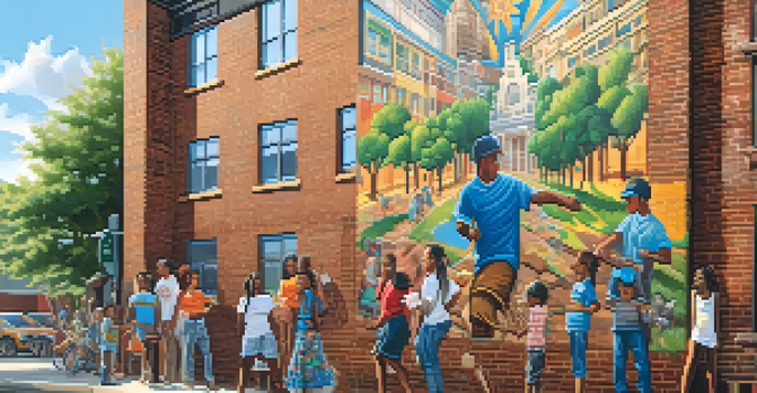 A colorful urban mural showcasing a lively community scene with diverse people interacting, painted on a brick wall under warm sunlight.