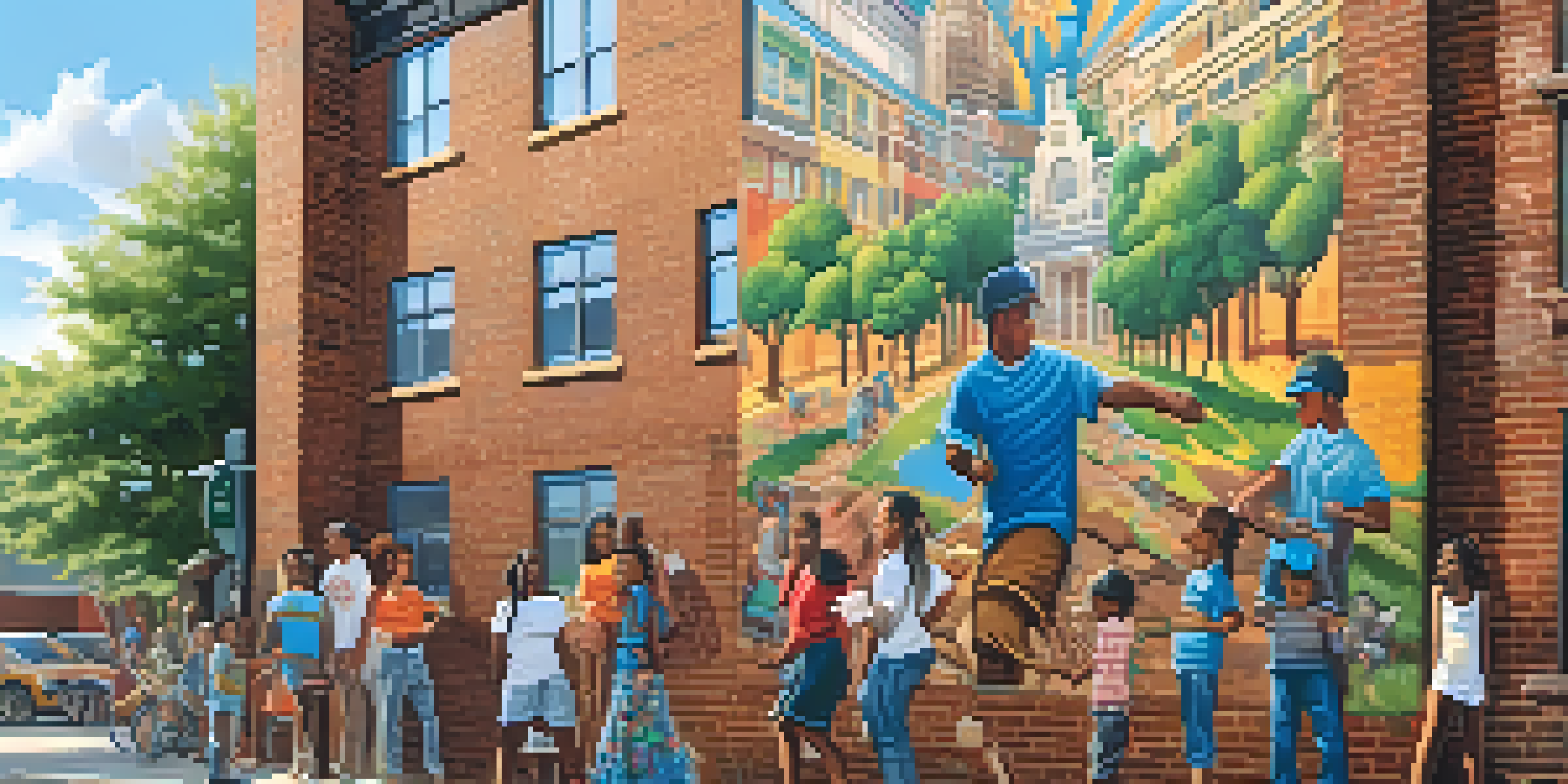 A colorful urban mural showcasing a lively community scene with diverse people interacting, painted on a brick wall under warm sunlight.