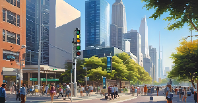 A busy city scene with a modern air quality monitoring station and people using handheld devices, surrounded by trees and tall buildings in bright sunlight.