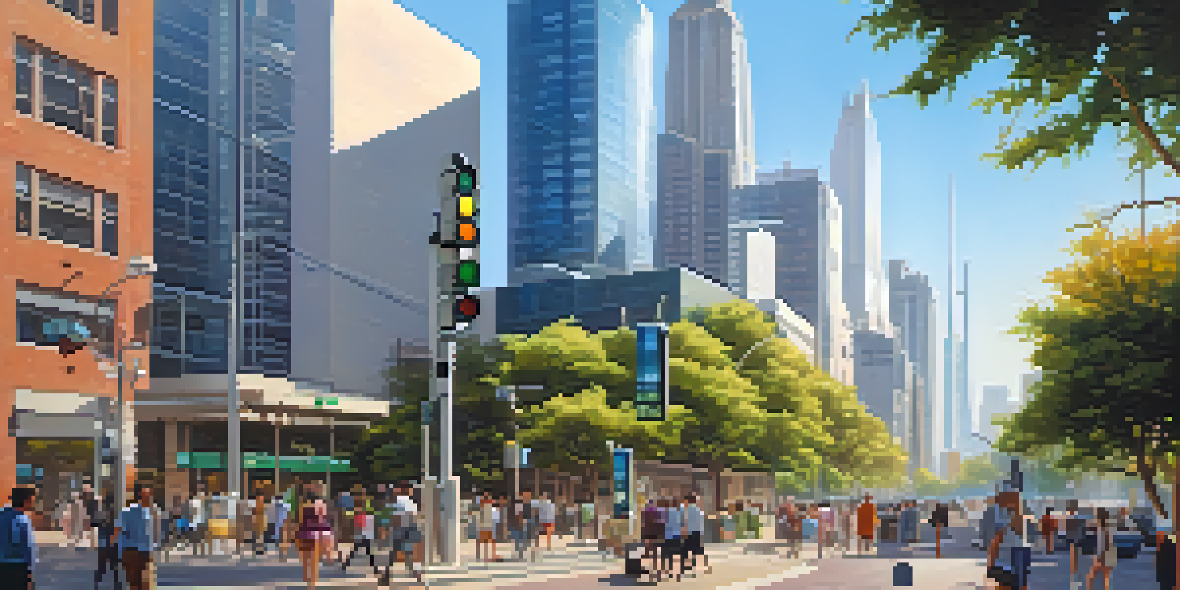 A busy city scene with a modern air quality monitoring station and people using handheld devices, surrounded by trees and tall buildings in bright sunlight.