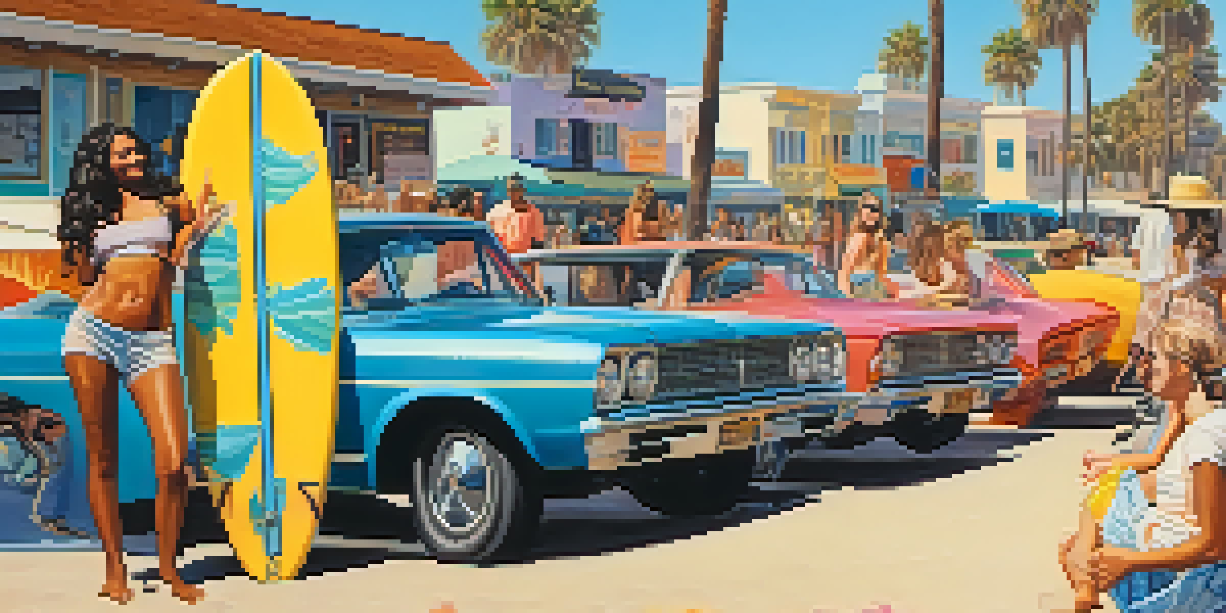 A lively group of young people in colorful clothing on Venice Beach during the 1960s, with a sunset backdrop and palm trees.