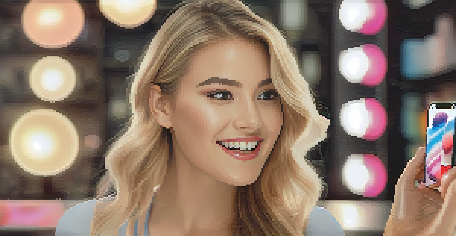 A close-up of a person using a smartphone for virtual makeup try-on, showing excitement with vibrant digital effects around the screen in a stylishly lit room.