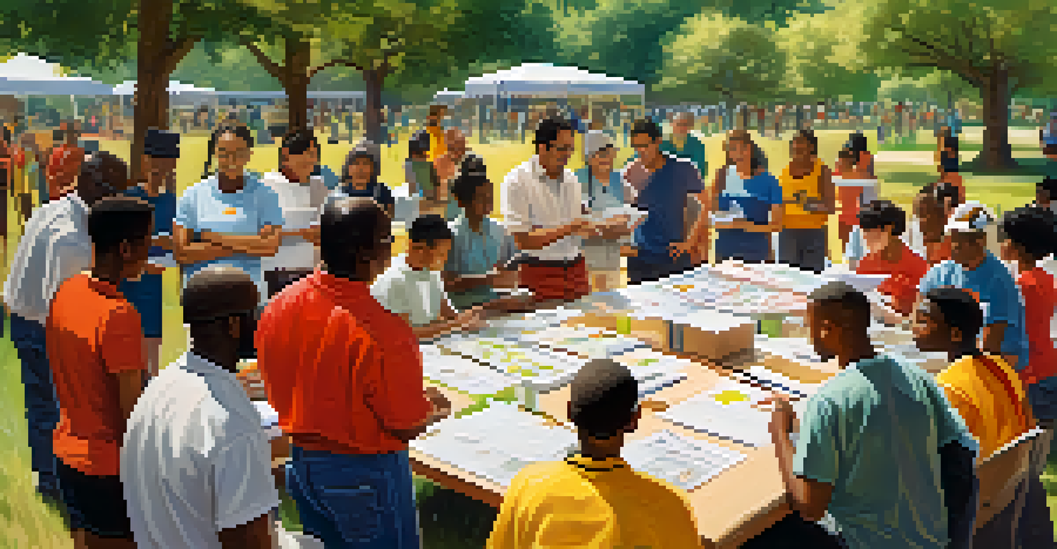 A community training session in a park with diverse individuals participating in a disaster preparedness workshop under sunlight.