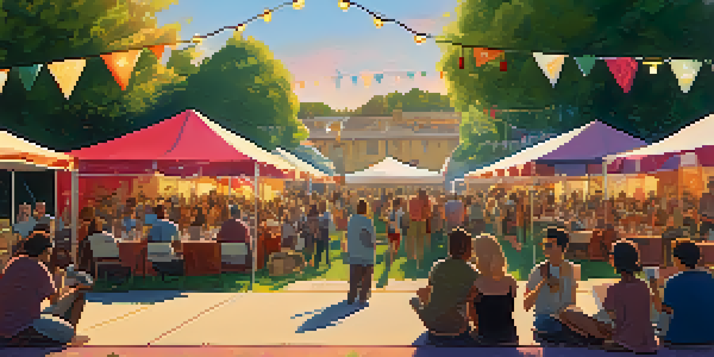 A lively outdoor film festival with independent filmmakers and attendees enjoying the event.