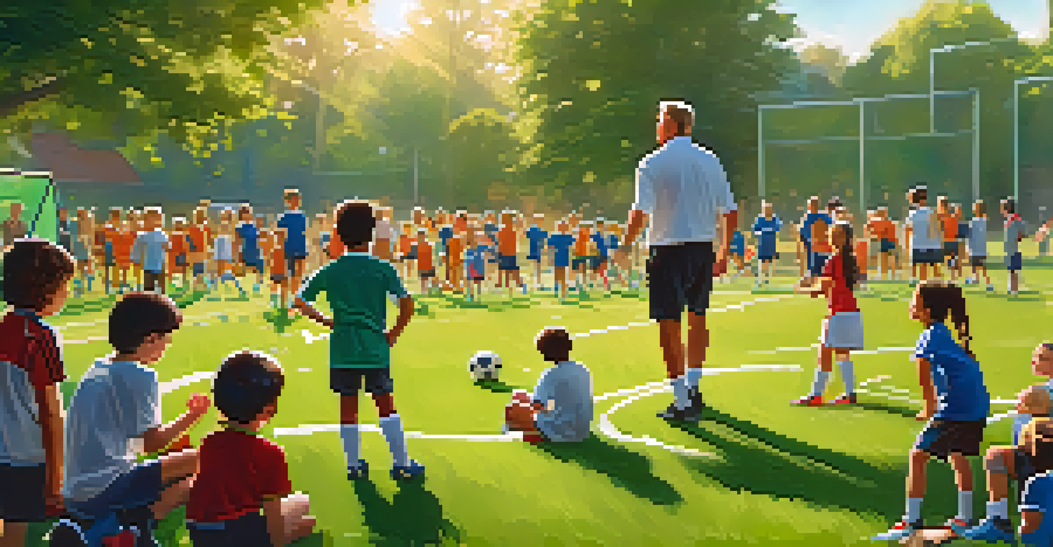Children from diverse backgrounds participating in a youth soccer clinic, learning teamwork and skills in a sunny park.