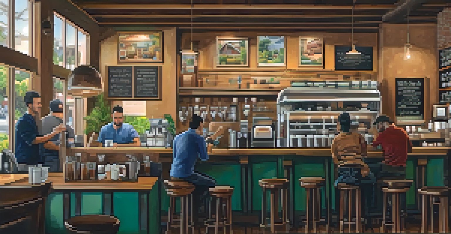 An inviting artisanal coffee shop in Los Angeles with a barista brewing coffee, decorated with rustic furniture and vibrant artwork.