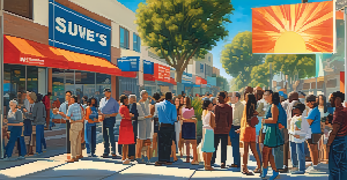 A lively voting scene in Los Angeles with diverse individuals waiting to vote, showcasing campaign posters and a sunny day.