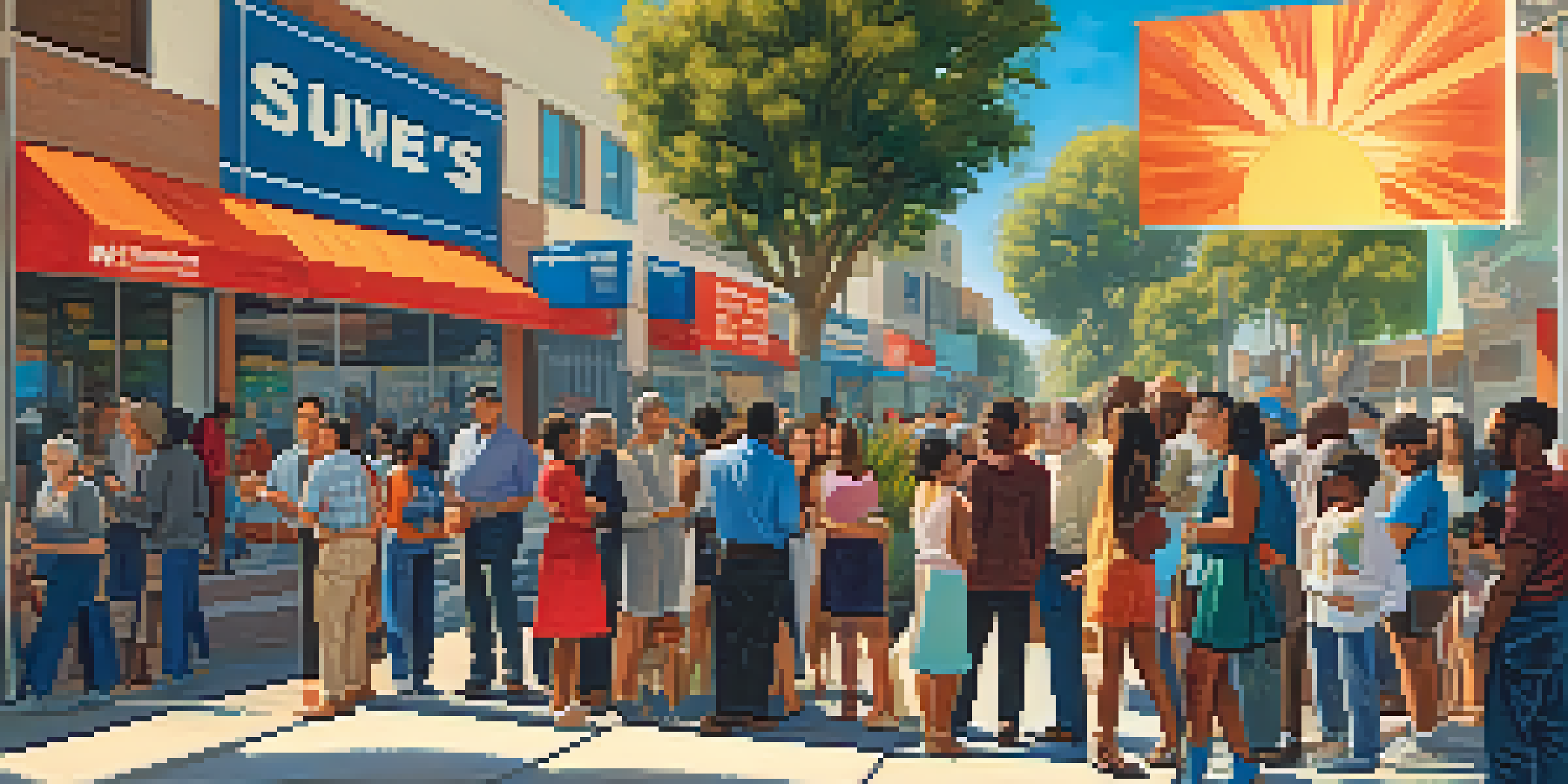 A lively voting scene in Los Angeles with diverse individuals waiting to vote, showcasing campaign posters and a sunny day.