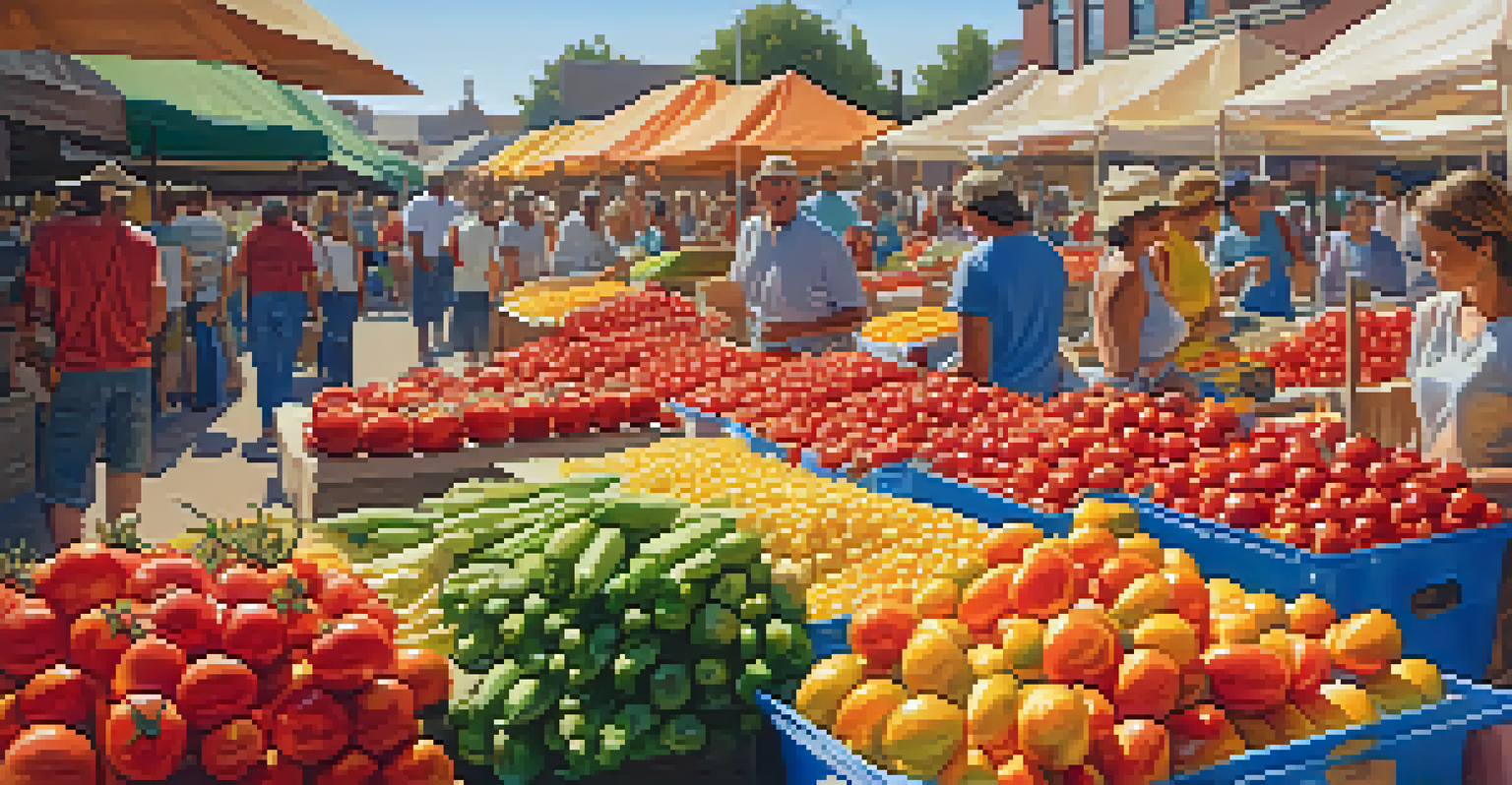 A bright summer farmers' market filled with fresh produce like tomatoes, corn, and berries, illuminated by warm sunlight.