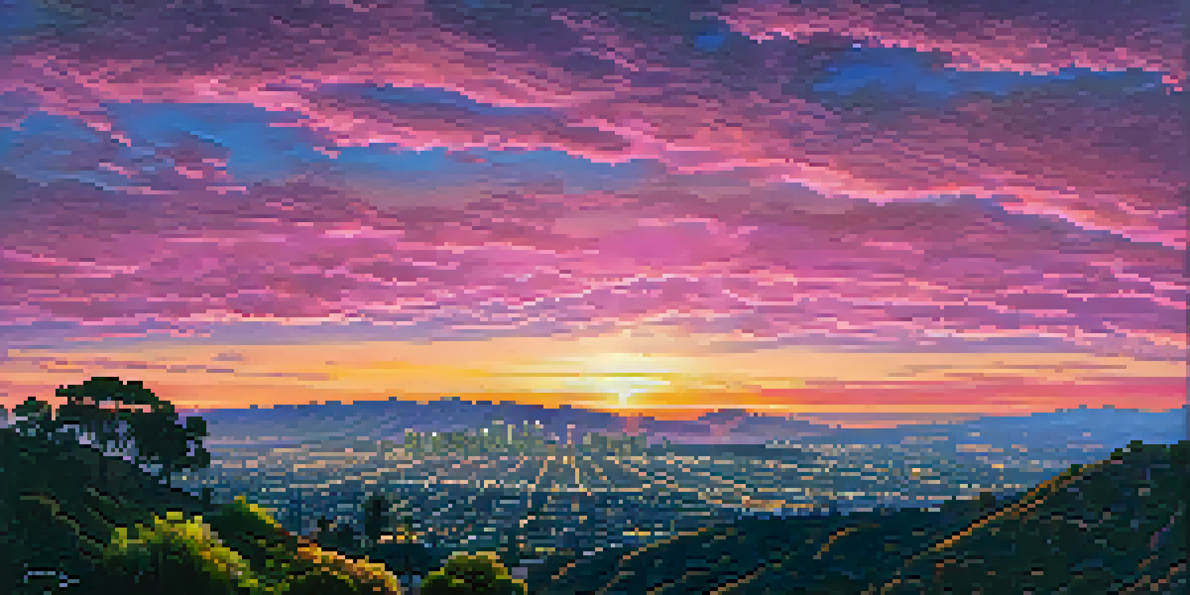 A beautiful sunset from Griffith Observatory with vibrant colors in the sky and the Hollywood sign in the background.