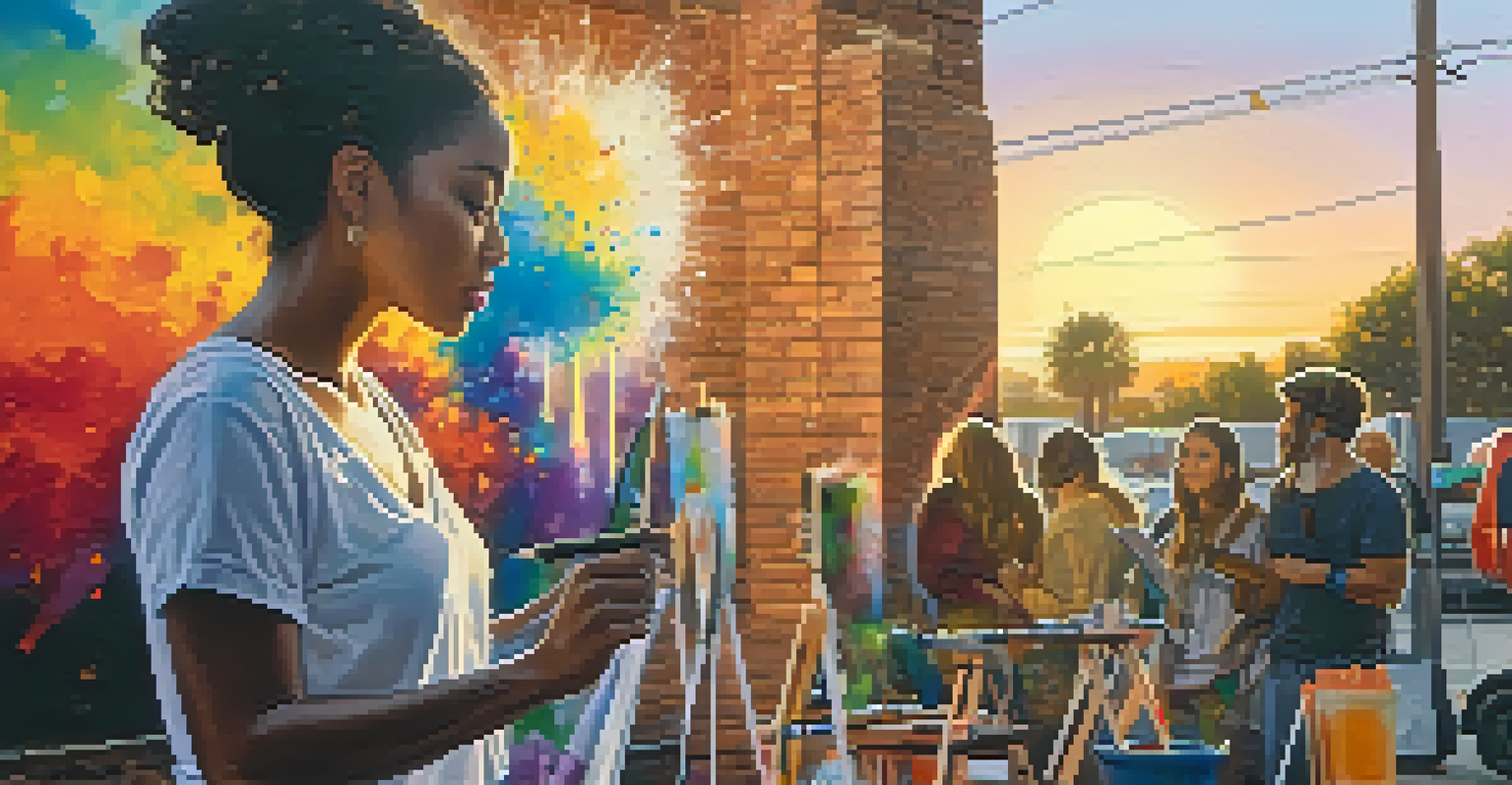 An artist painting a mural in Los Angeles, with vibrant colors and creative tools, under a warm sunset glow.