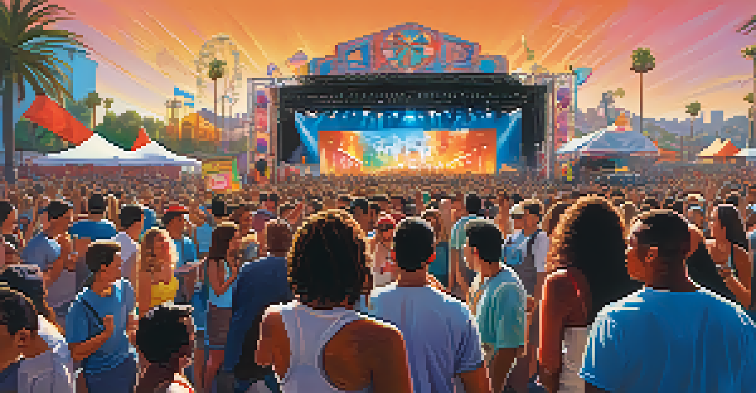A lively music festival in Los Angeles with enthusiastic festival-goers enjoying live performances, colorful decorations, and food trucks in the background.