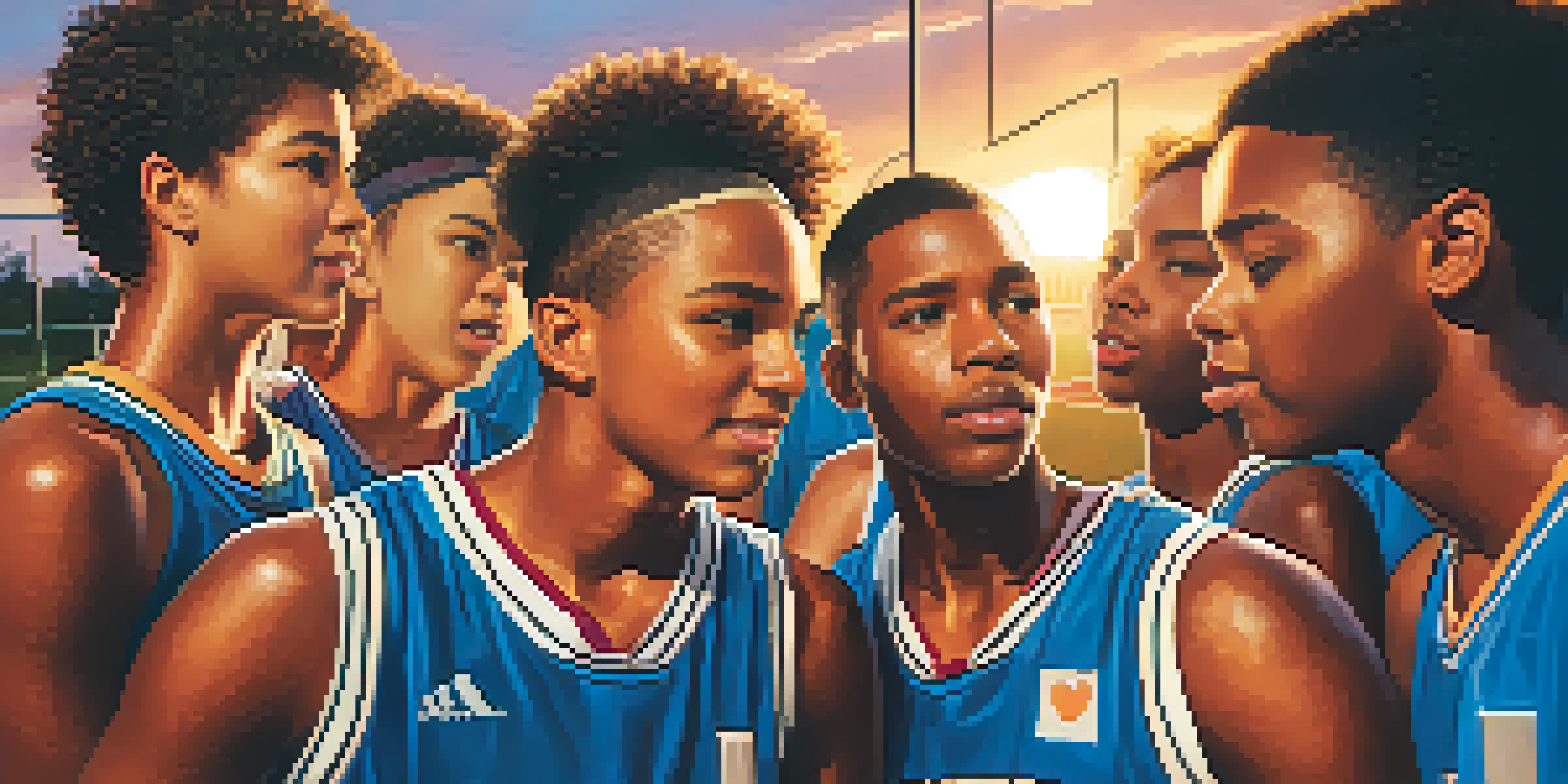 A diverse group of young basketball players in a huddle, displaying teamwork and determination, with a sunset background.