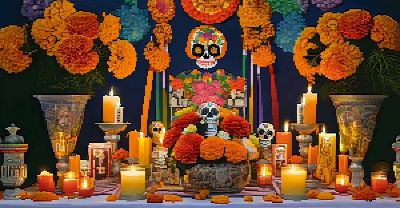 A Dia de los Muertos altar in a cemetery, decorated with marigolds, sugar skulls, and colorful papel picado, illuminated by candlelight.