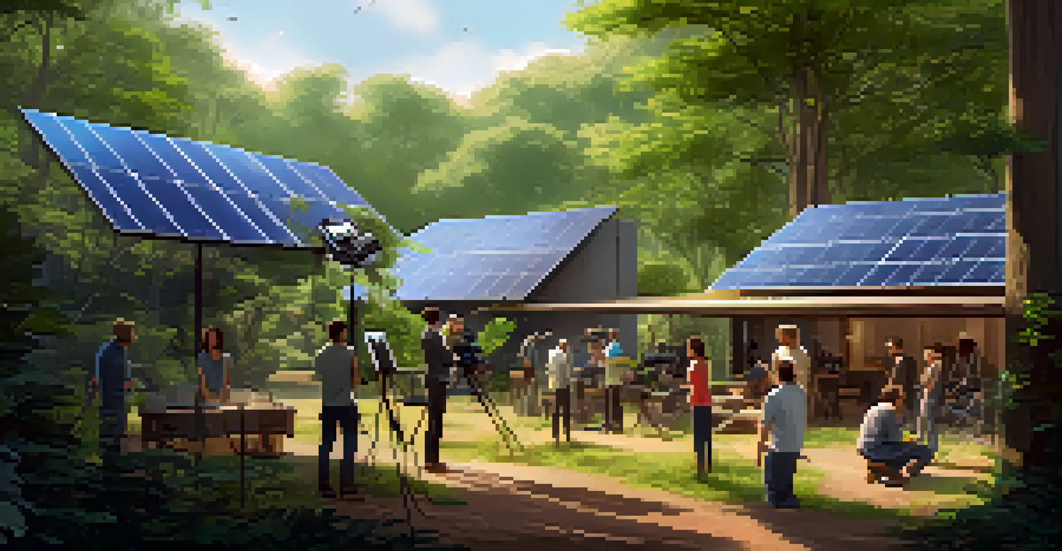 An outdoor film set showcasing sustainability with solar panels and diverse crew members amidst greenery, illuminated by soft natural light.