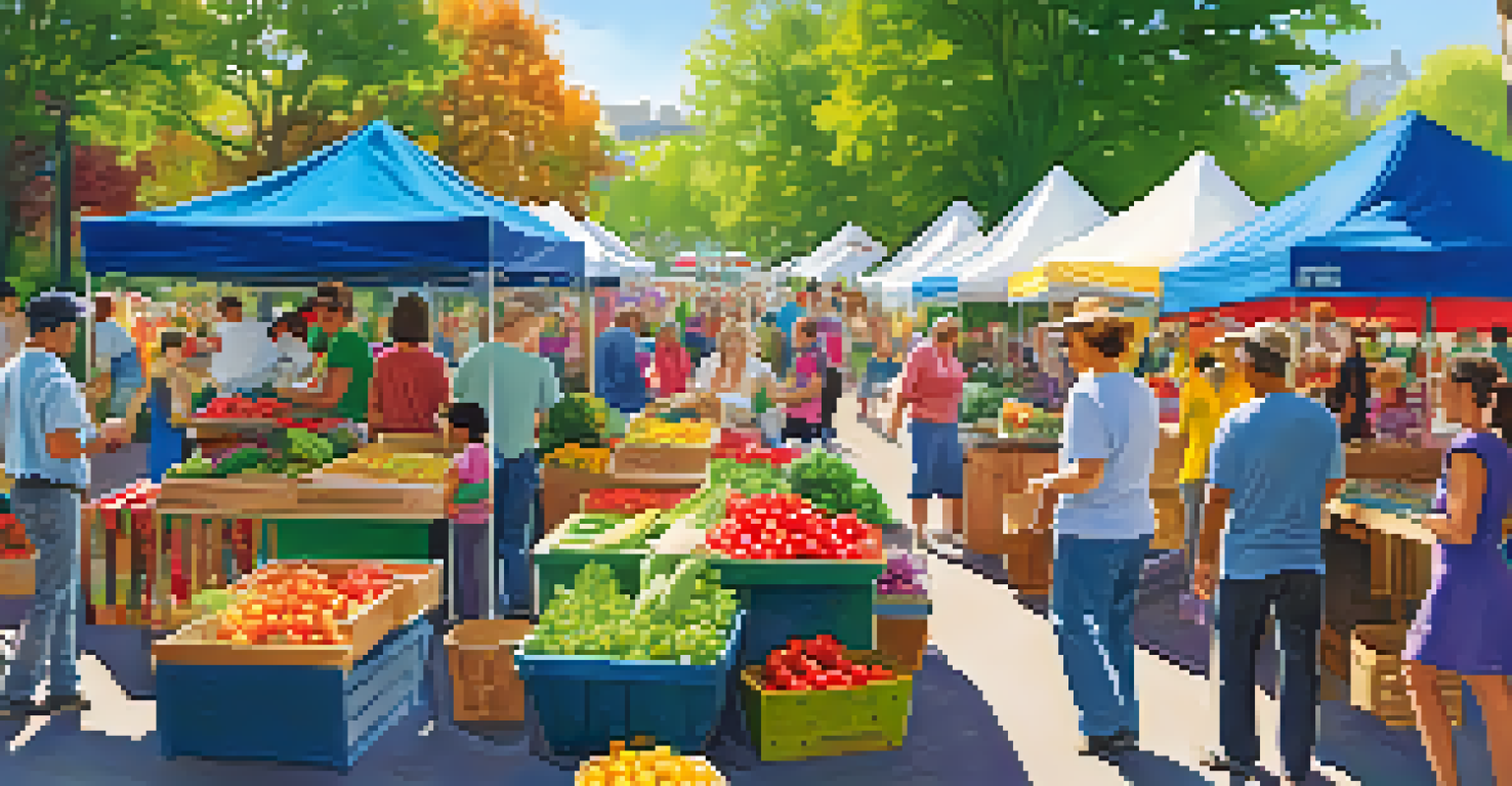 A lively outdoor farmers' market in a park, with colorful stalls and residents interacting in a cheerful atmosphere.