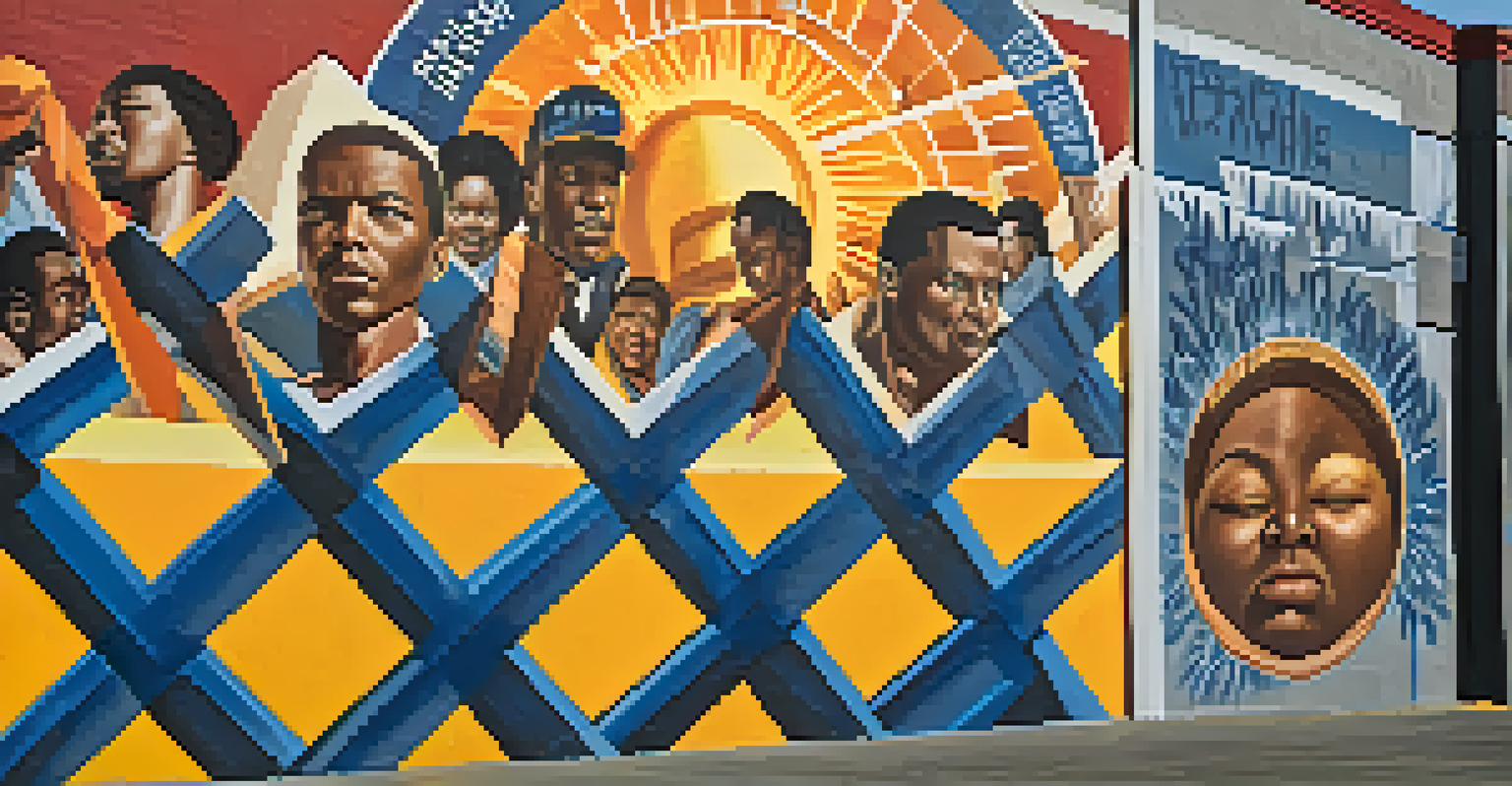 A close-up of a vibrant mural in Watts, showcasing themes of civil rights and racial equality, with rich colors and textures.