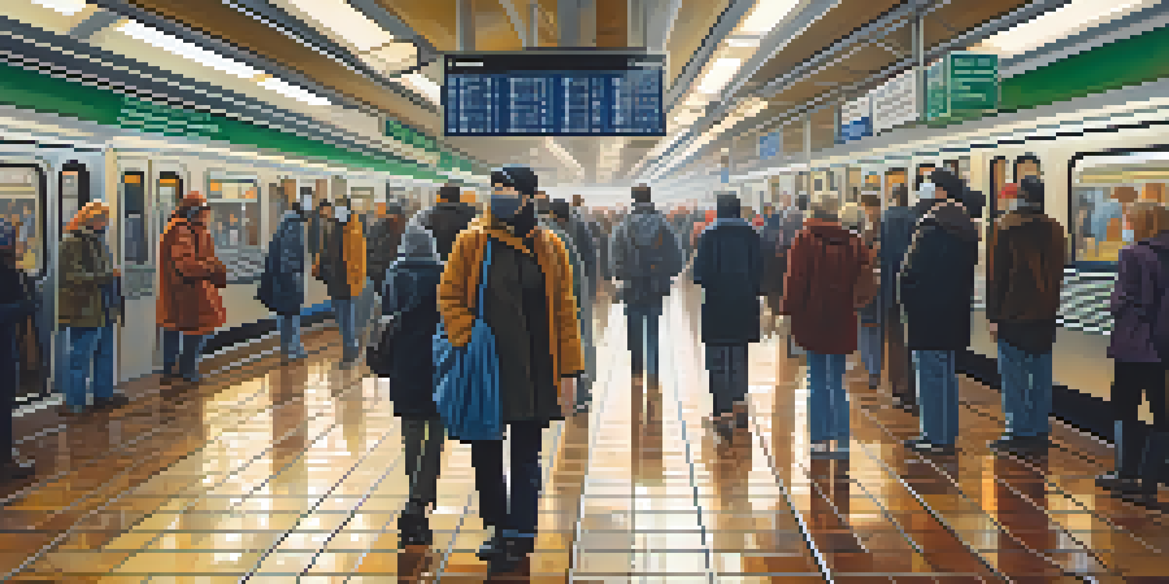 An urban subway station filled with diverse commuters wearing masks, illuminated by natural light with bright LED signs.