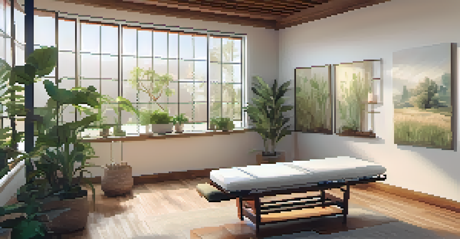 A calming interior of a wellness center in Los Angeles, featuring an acupuncture treatment bed and natural light with plants and artwork.
