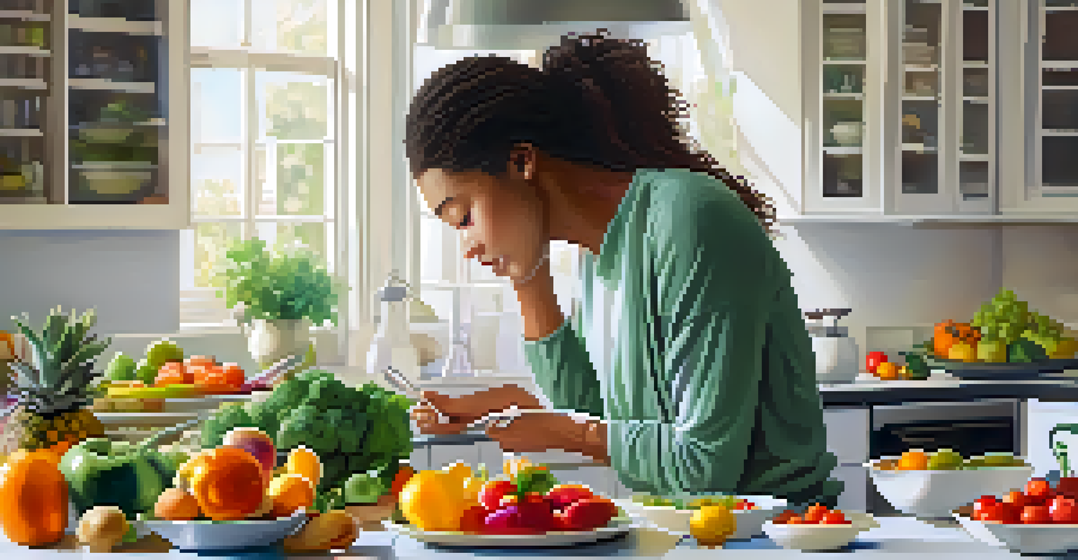 A person enjoying a moment of mindful eating with a colorful plate of fresh fruits and vegetables in a bright kitchen.